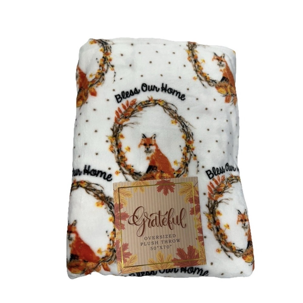 NWT Autumn Fox Bless Our Home Plush Throw Blanket 50x70 Fall Harvest Thanks